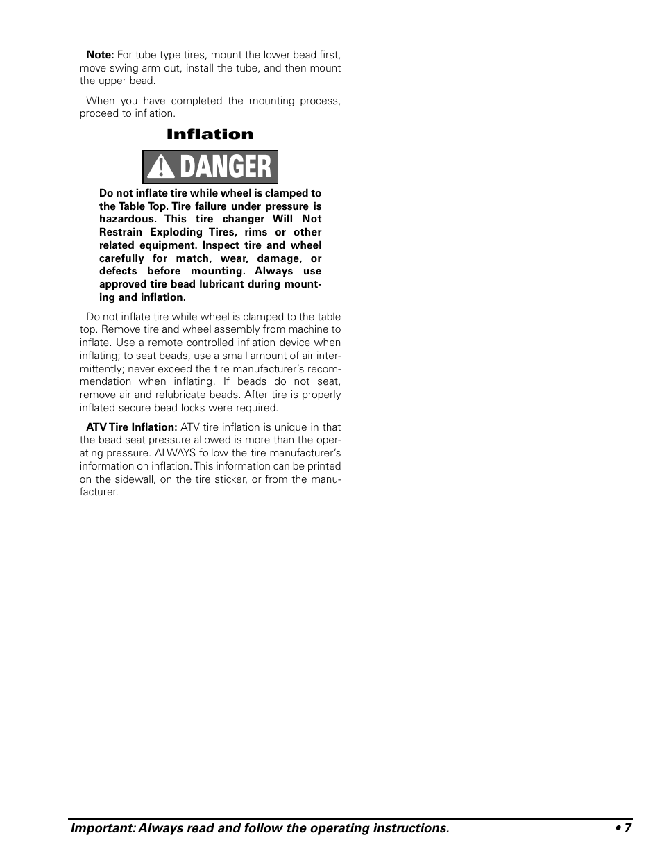 Danger | COATS RC-50M Rim Clamp Tire Changer User Manual | Page 11 / 16