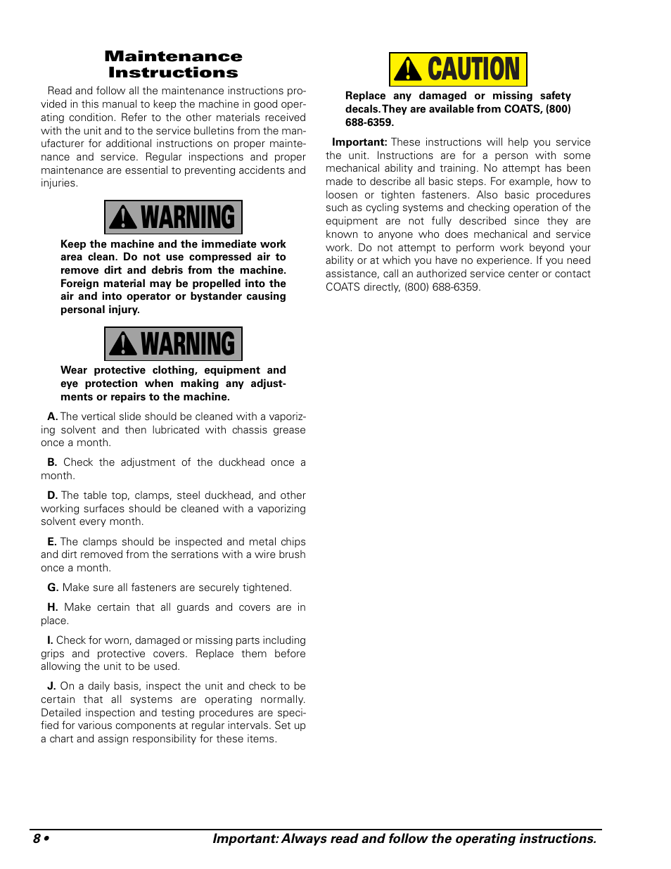 Caution warning warning | COATS RC-50M Rim Clamp Tire Changer User Manual | Page 12 / 16