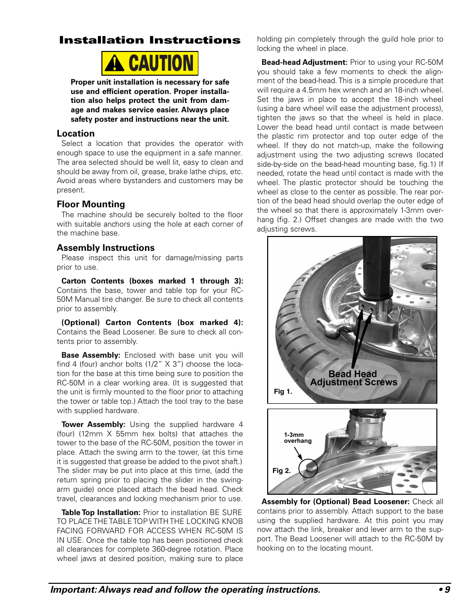 Caution, Installation instructions | COATS RC-50M Rim Clamp Tire Changer User Manual | Page 13 / 16
