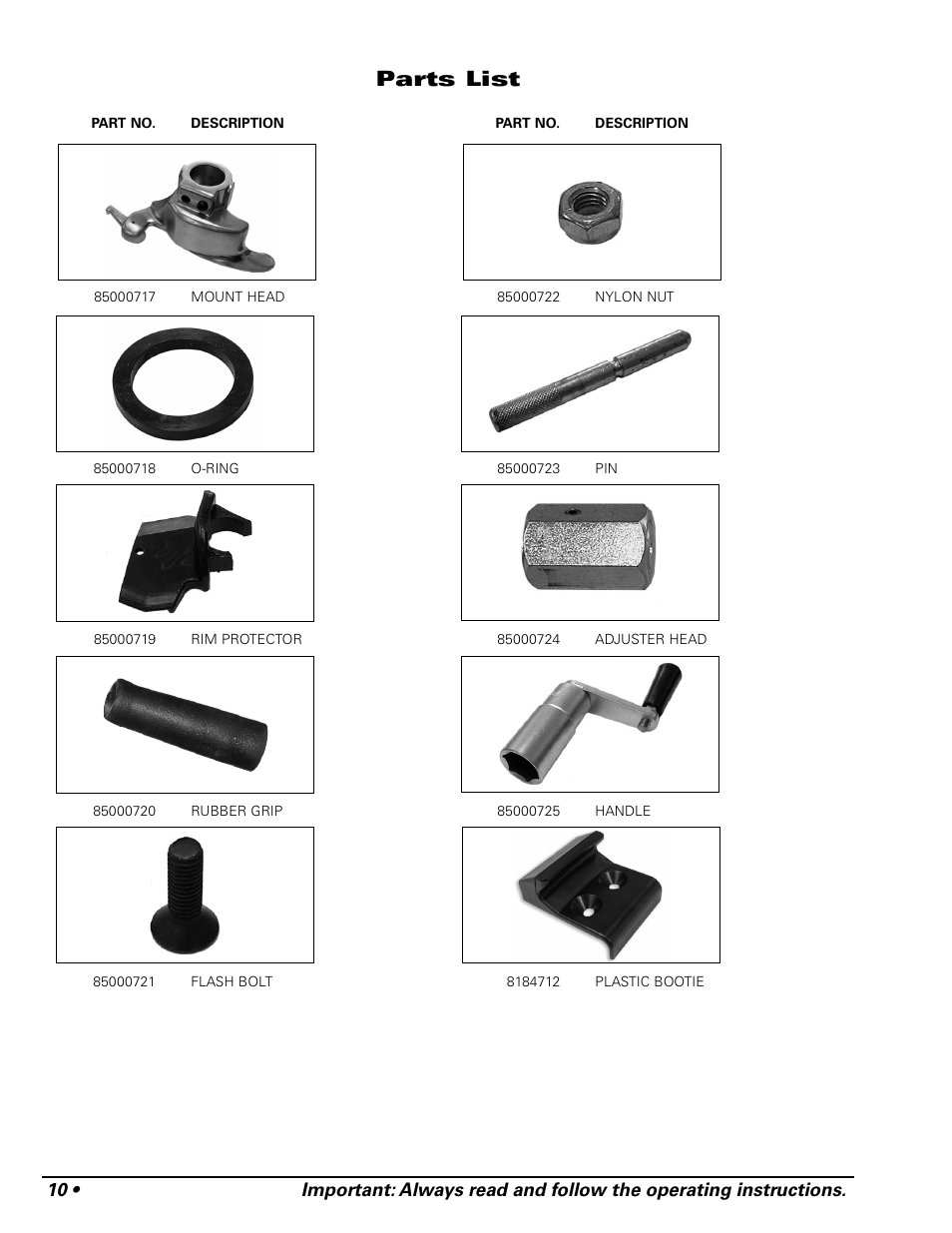 Parts list | COATS RC-50M Rim Clamp Tire Changer User Manual | Page 14 / 16