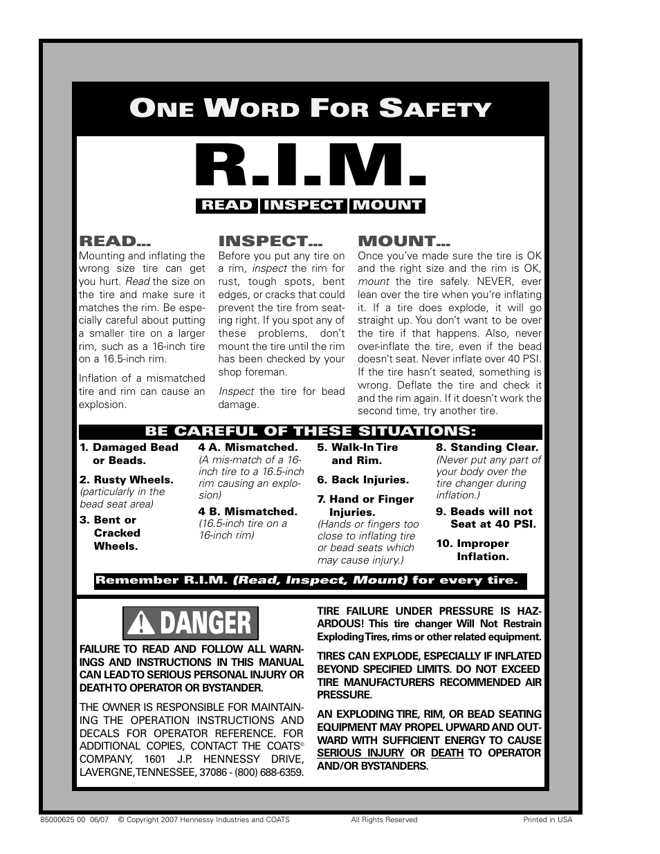 R.i.m, Danger, Afety | COATS RC-50M Rim Clamp Tire Changer User Manual | Page 16 / 16
