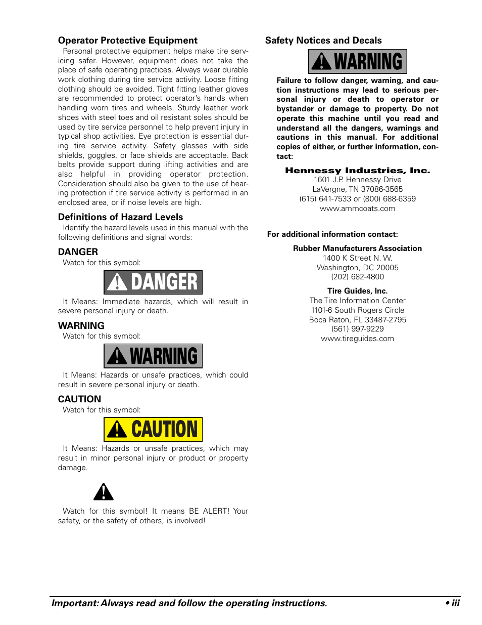 Warning caution warning danger | COATS RC-50M Rim Clamp Tire Changer User Manual | Page 3 / 16