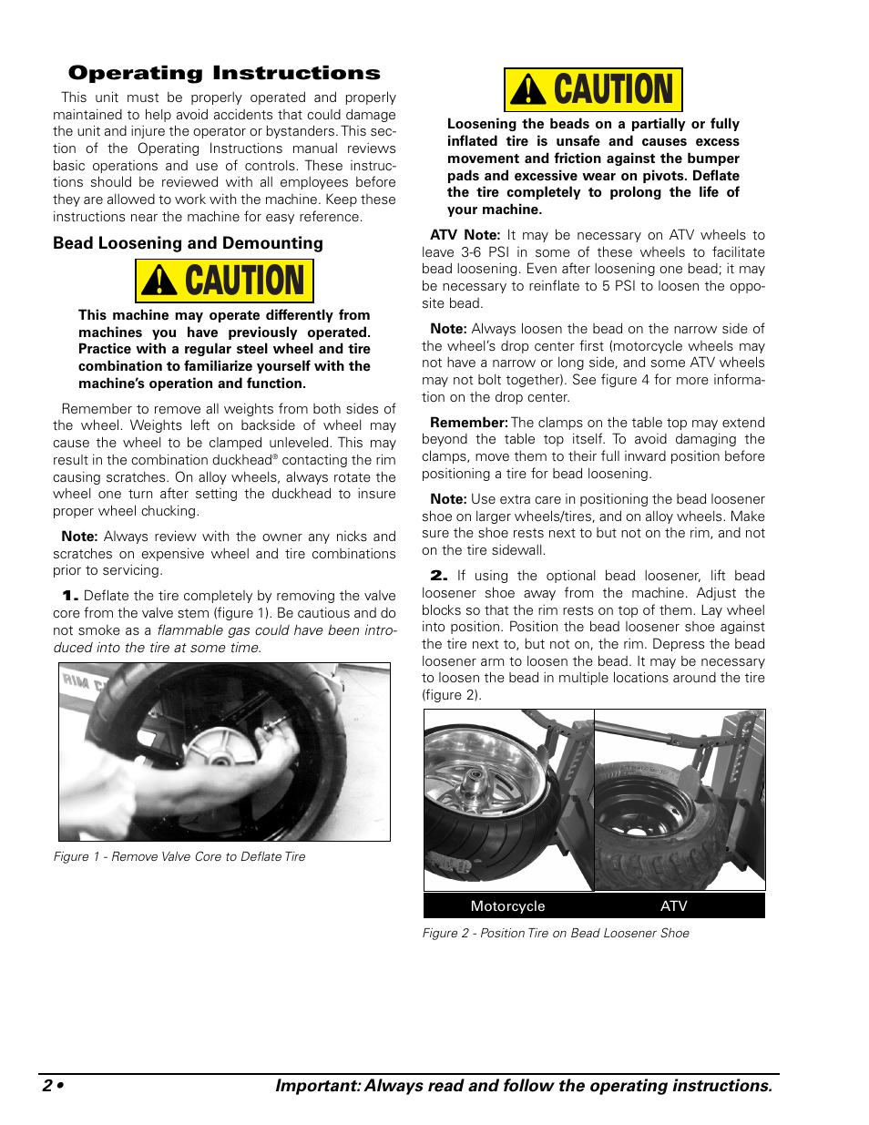 Caution, Operating instructions | COATS RC-50M Rim Clamp Tire Changer User Manual | Page 6 / 16
