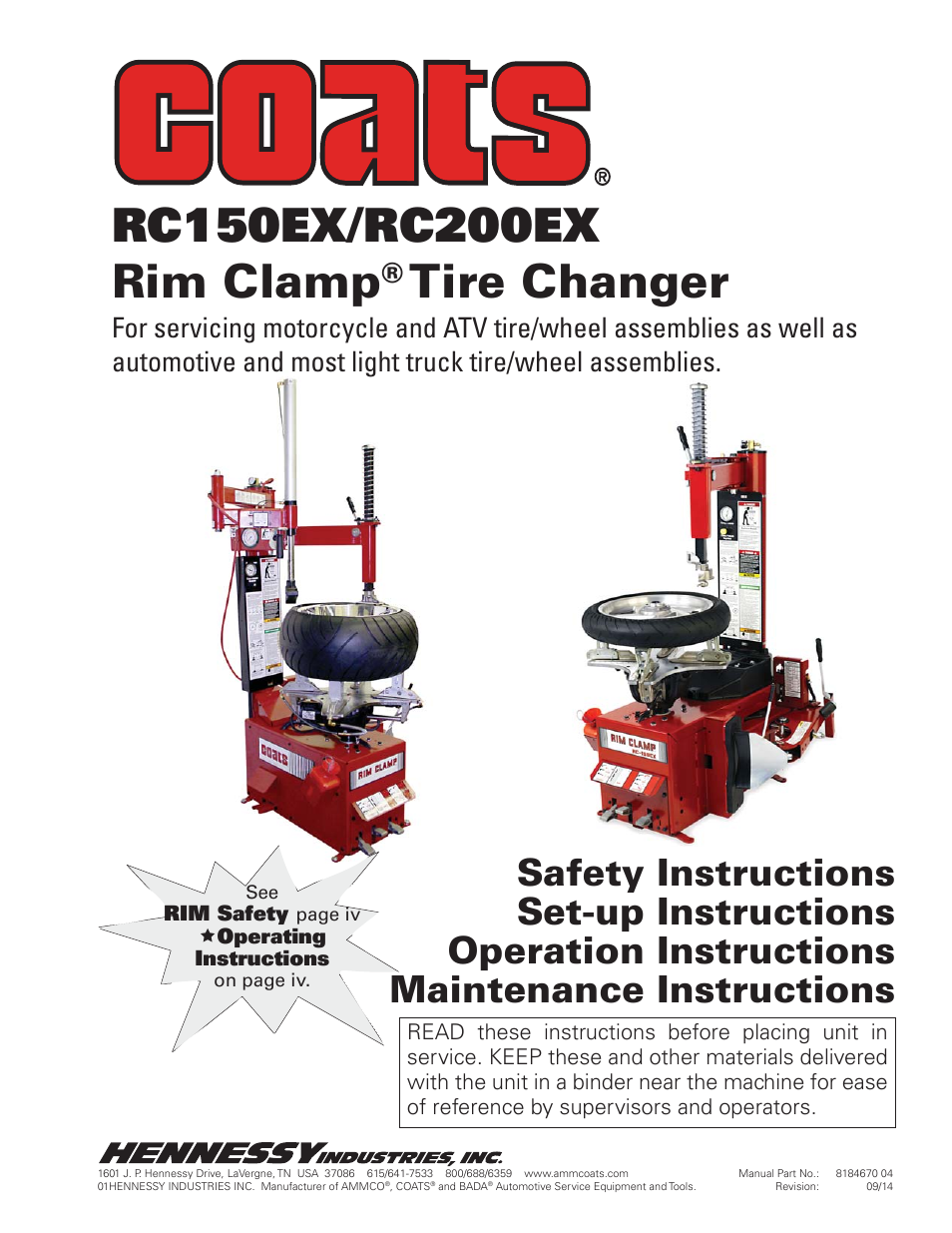 COATS RC150EX, RC200EX Tire Changer User Manual | 32 pages