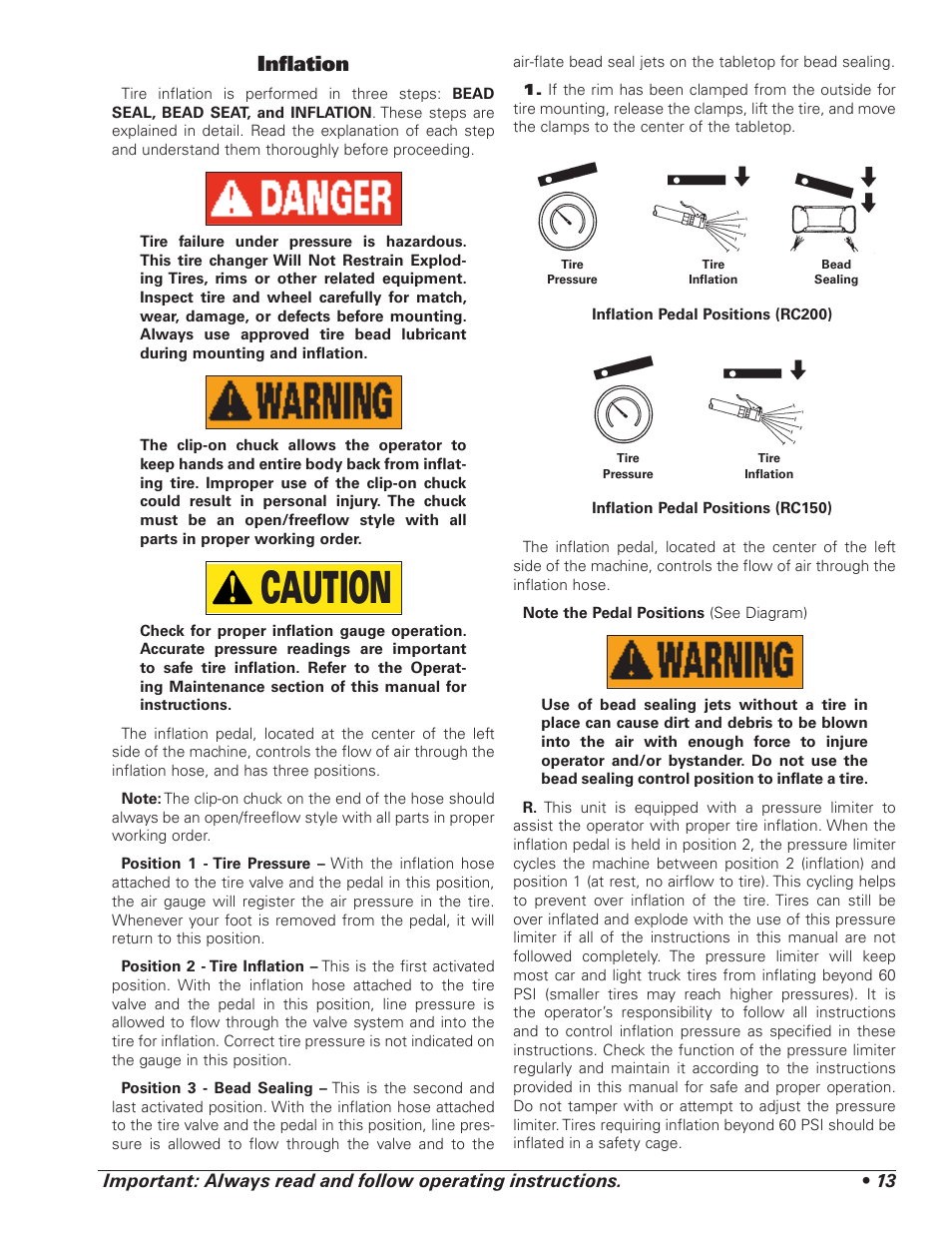 Caution, Infl ation | COATS RC150EX, RC200EX Tire Changer User Manual | Page 17 / 32