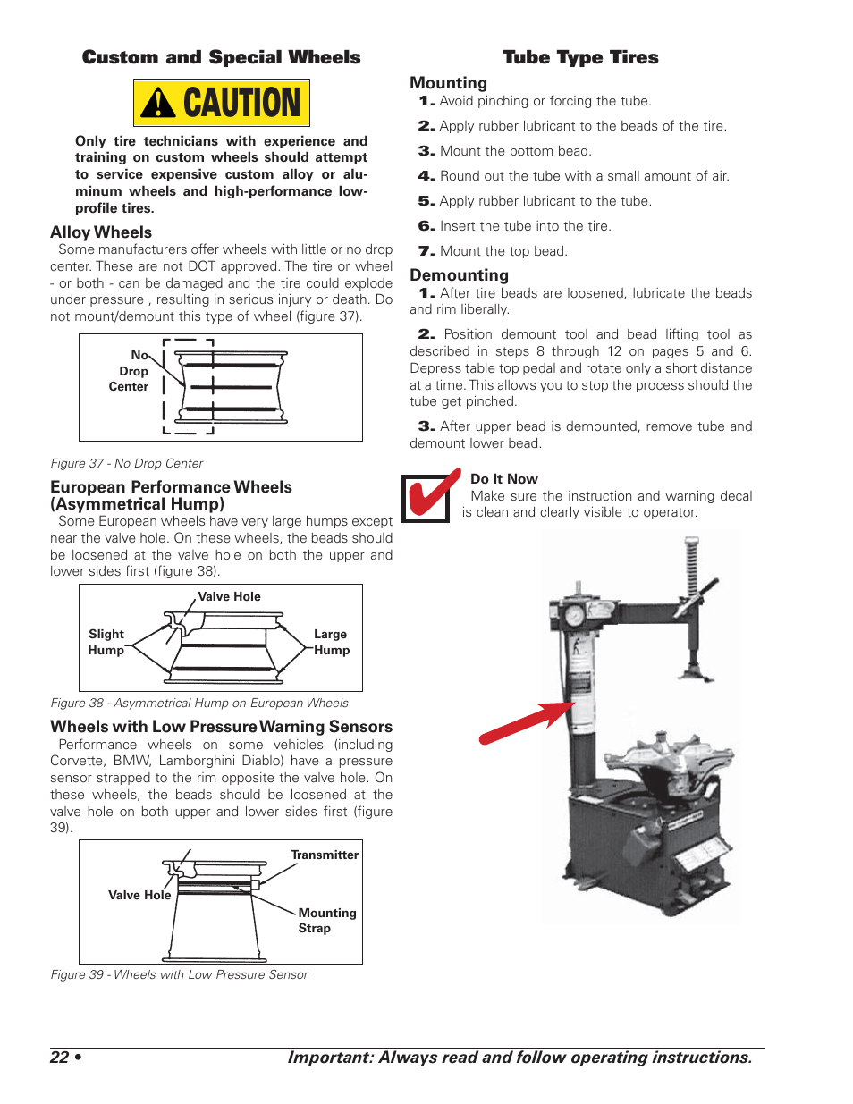 Caution, Custom and special wheels, Tube type tires | COATS RC150EX, RC200EX Tire Changer User Manual | Page 26 / 32