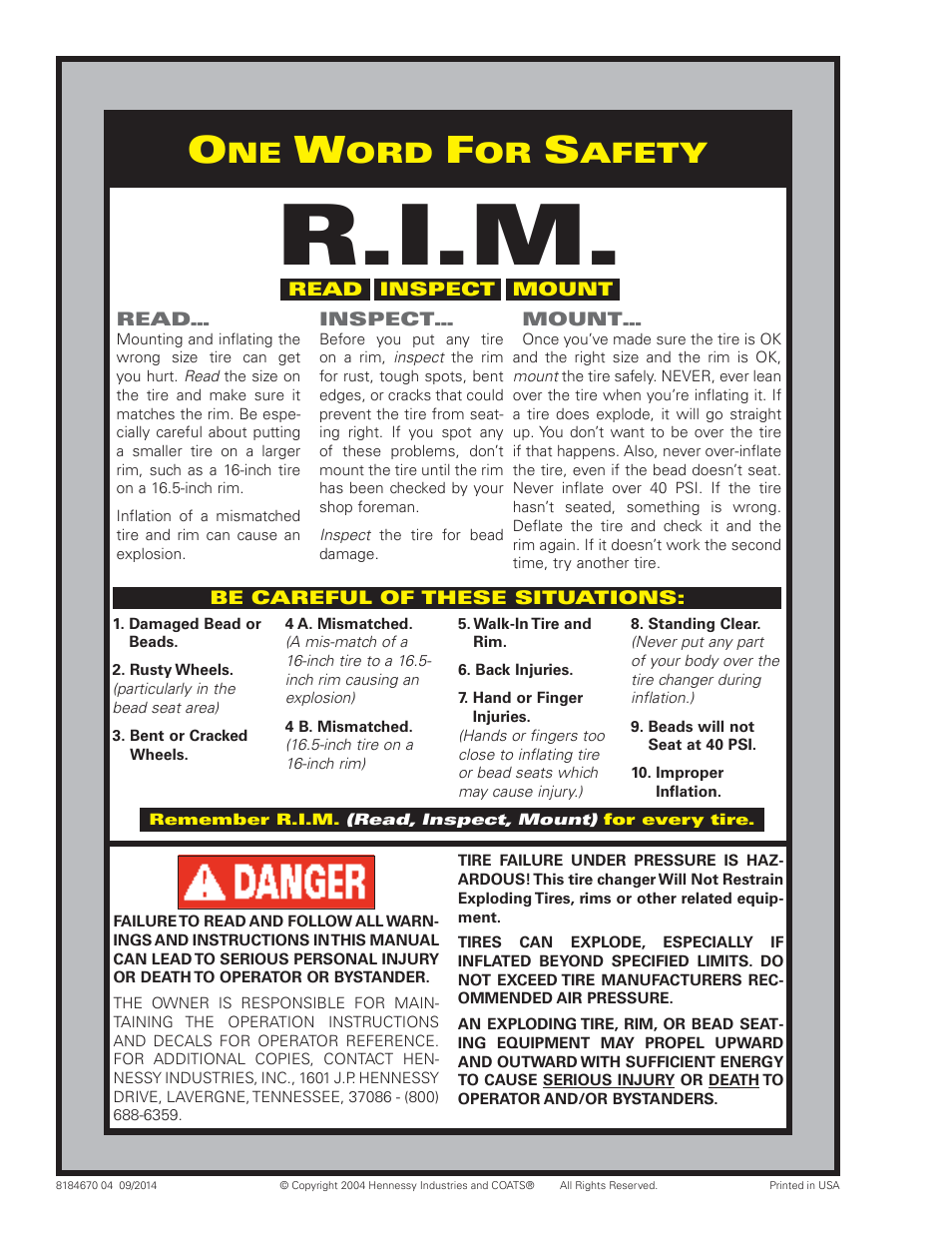 R.i.m, Afety | COATS RC150EX, RC200EX Tire Changer User Manual | Page 32 / 32