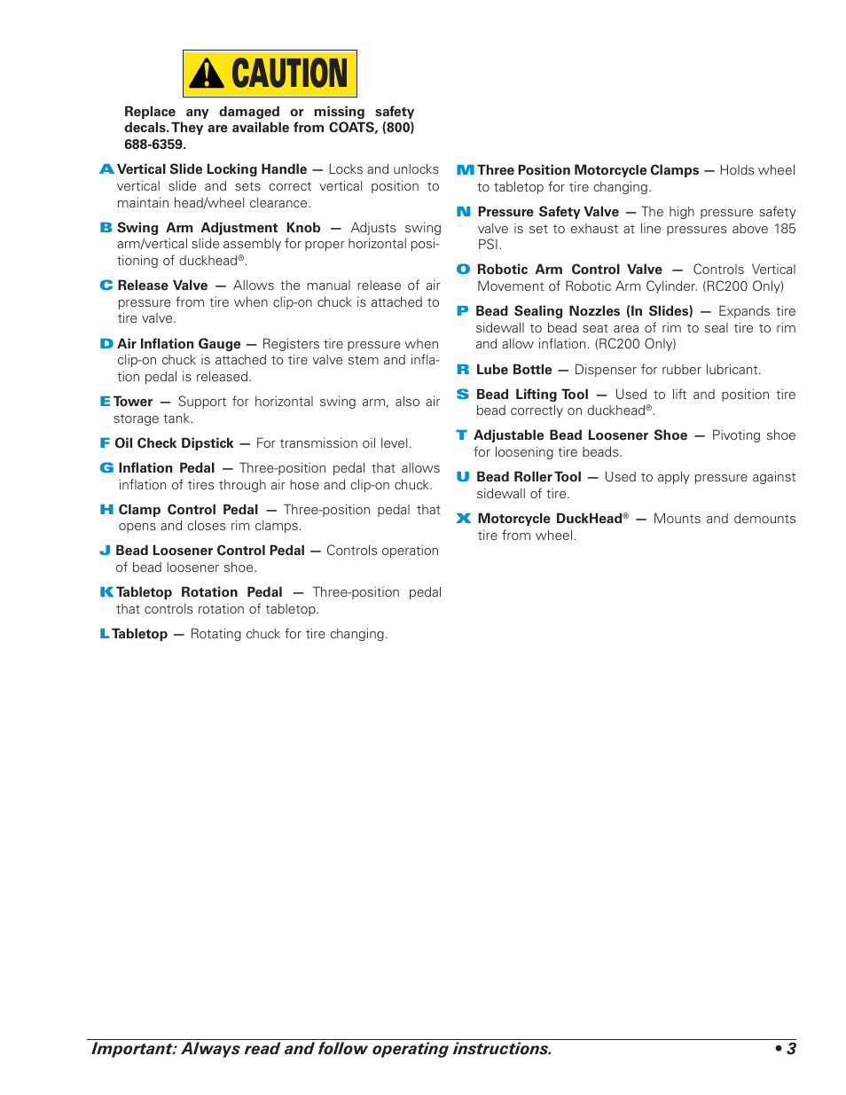 Caution | COATS RC150EX, RC200EX Tire Changer User Manual | Page 7 / 32