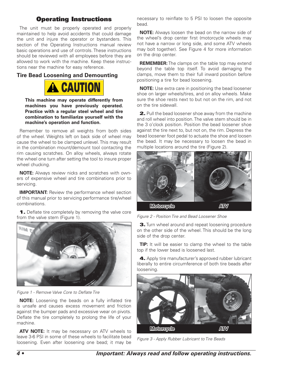 Caution, Operating instructions | COATS RC150EX, RC200EX Tire Changer User Manual | Page 8 / 32