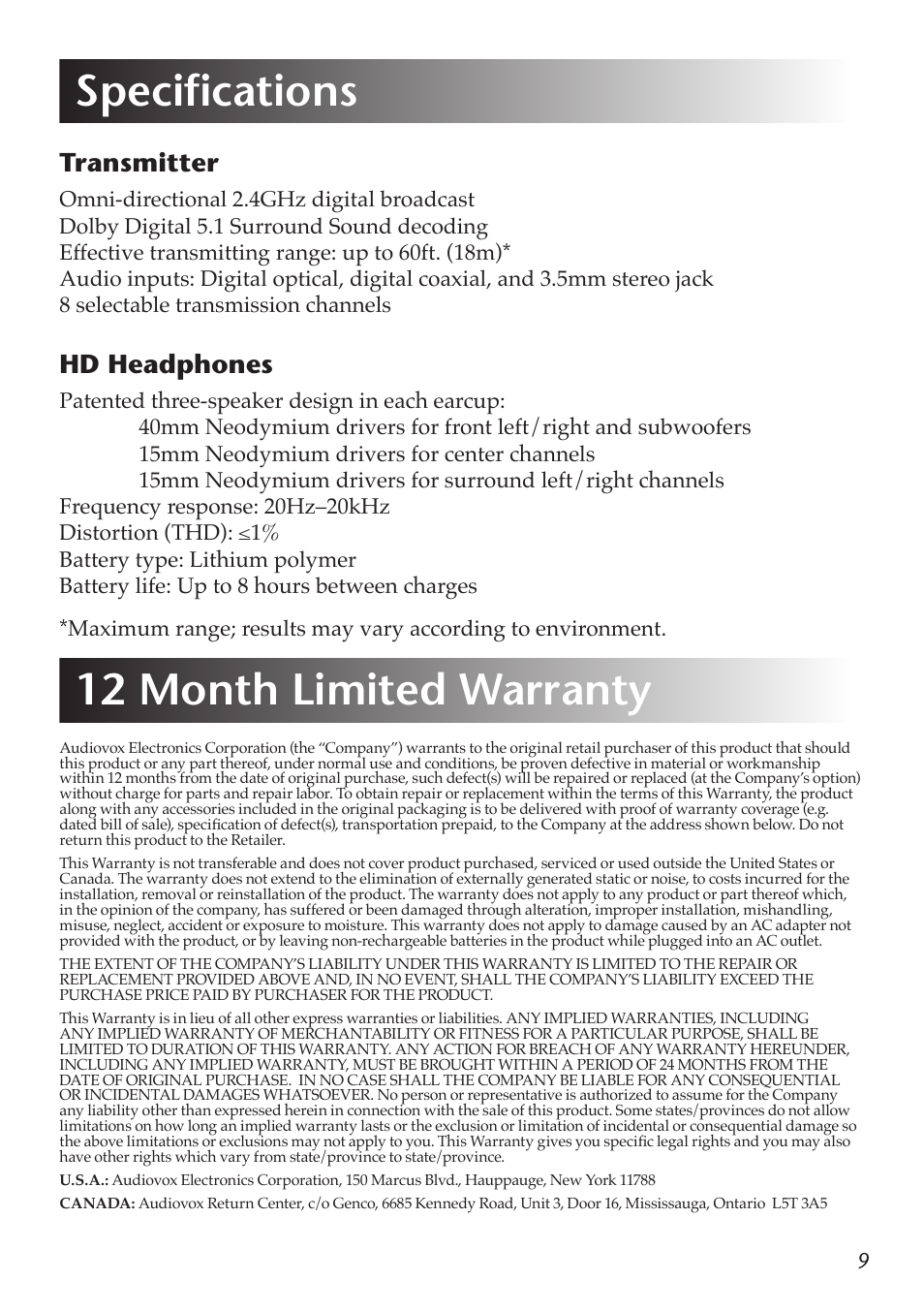 Specifications, 12 month limited warranty, Transmitter | Hd headphones | Acoustic Research AW-D510 User Manual | Page 11 / 12