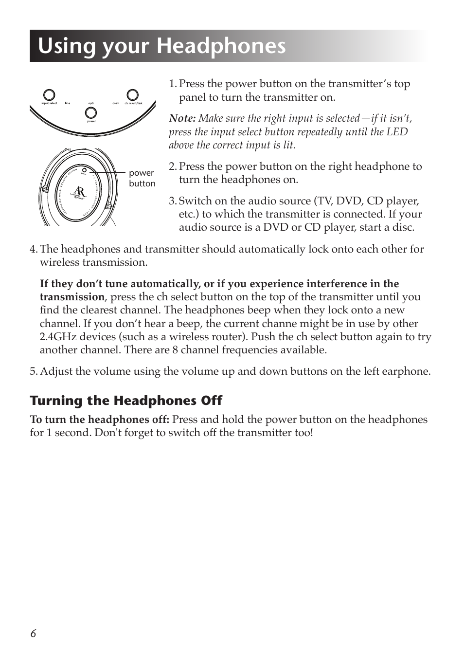 Using your headphones, Turning the headphones off | Acoustic Research AW-D510 User Manual | Page 8 / 12