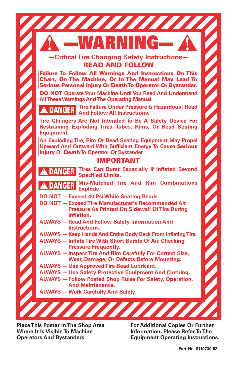 COATS Tire Changer Warning Poster User Manual | 1 page