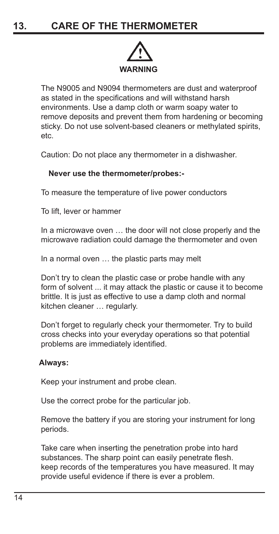 Care of the thermometer | Comark N9005 User Manual | Page 15 / 18
