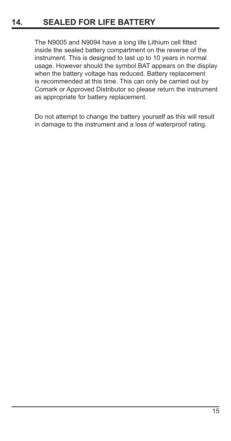Sealed for life battery | Comark N9005 User Manual | Page 16 / 18