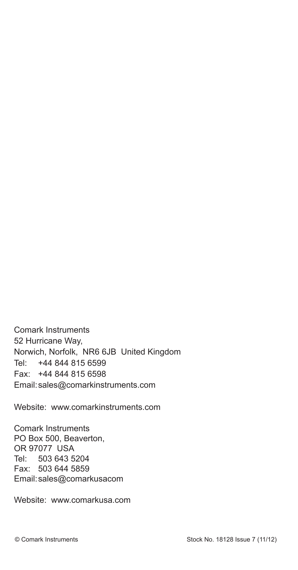 18128-7fc n9094-n9005 cover | Comark N9005 User Manual | Page 18 / 18