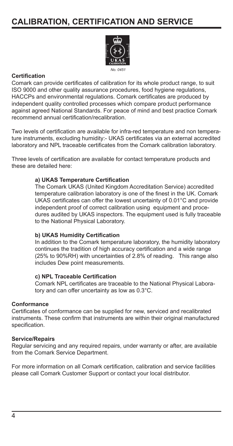 Calibration, certification and service | Comark N9005 User Manual | Page 5 / 18