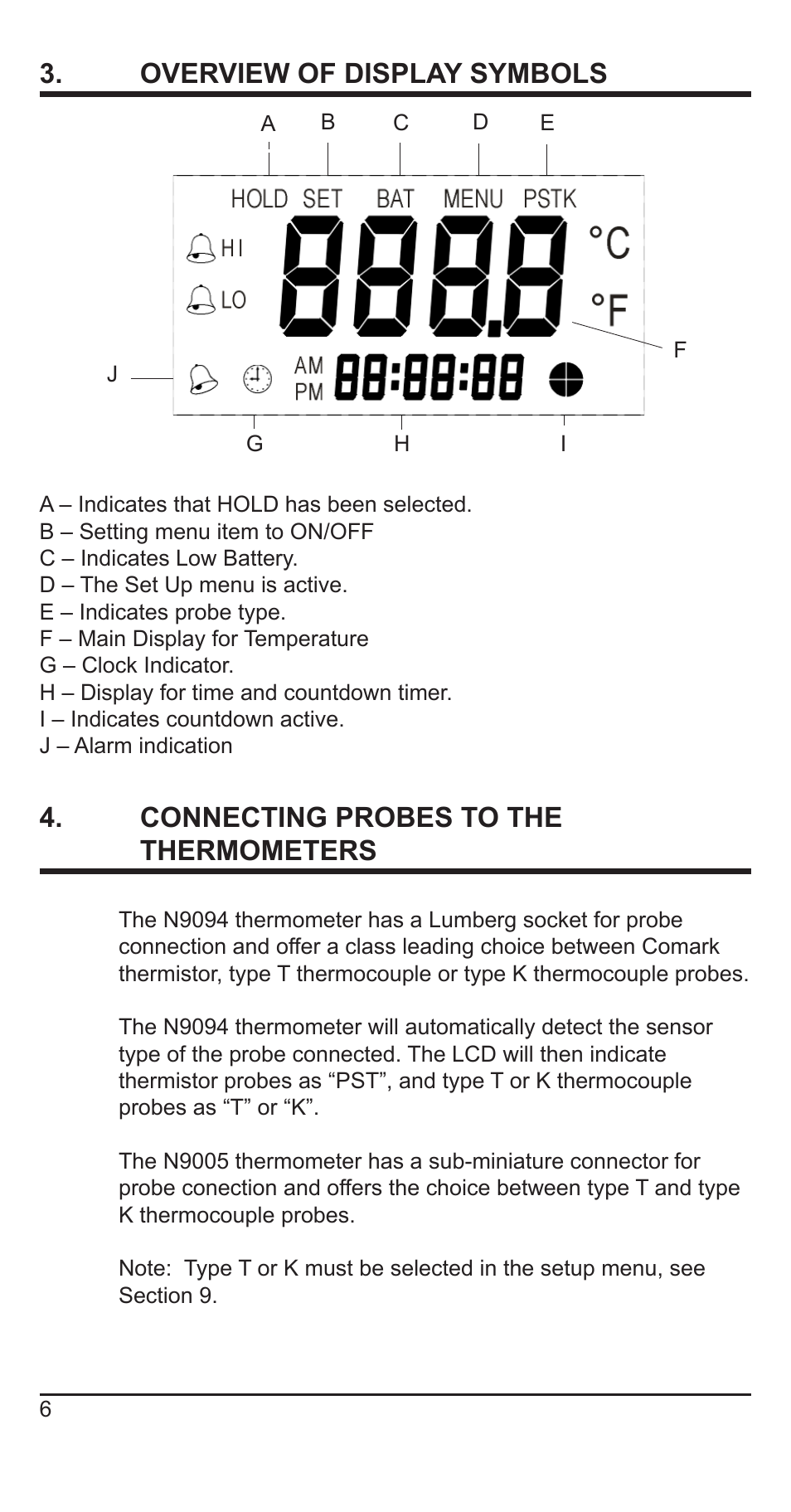 Overview of display symbols, Connecting probes to the thermometers | Comark N9005 User Manual | Page 7 / 18