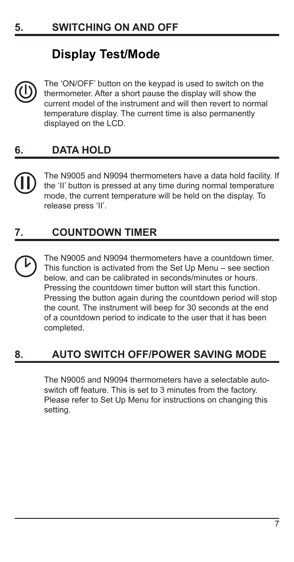 Display test/mode, Switching on and off, Data hold | Countdown timer, Auto switch off/power saving mode | Comark N9005 User Manual | Page 8 / 18