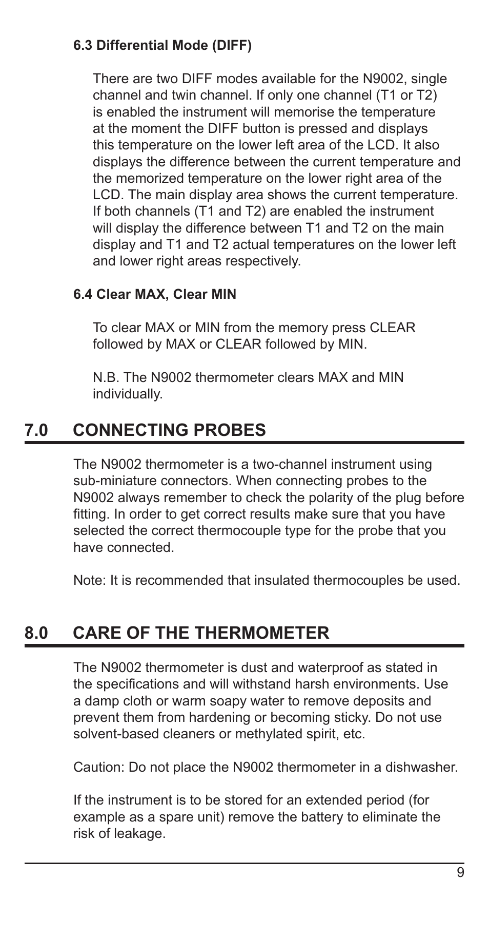 0 connecting probes, 0 care of the thermometer | Comark N9002 User Manual | Page 10 / 14