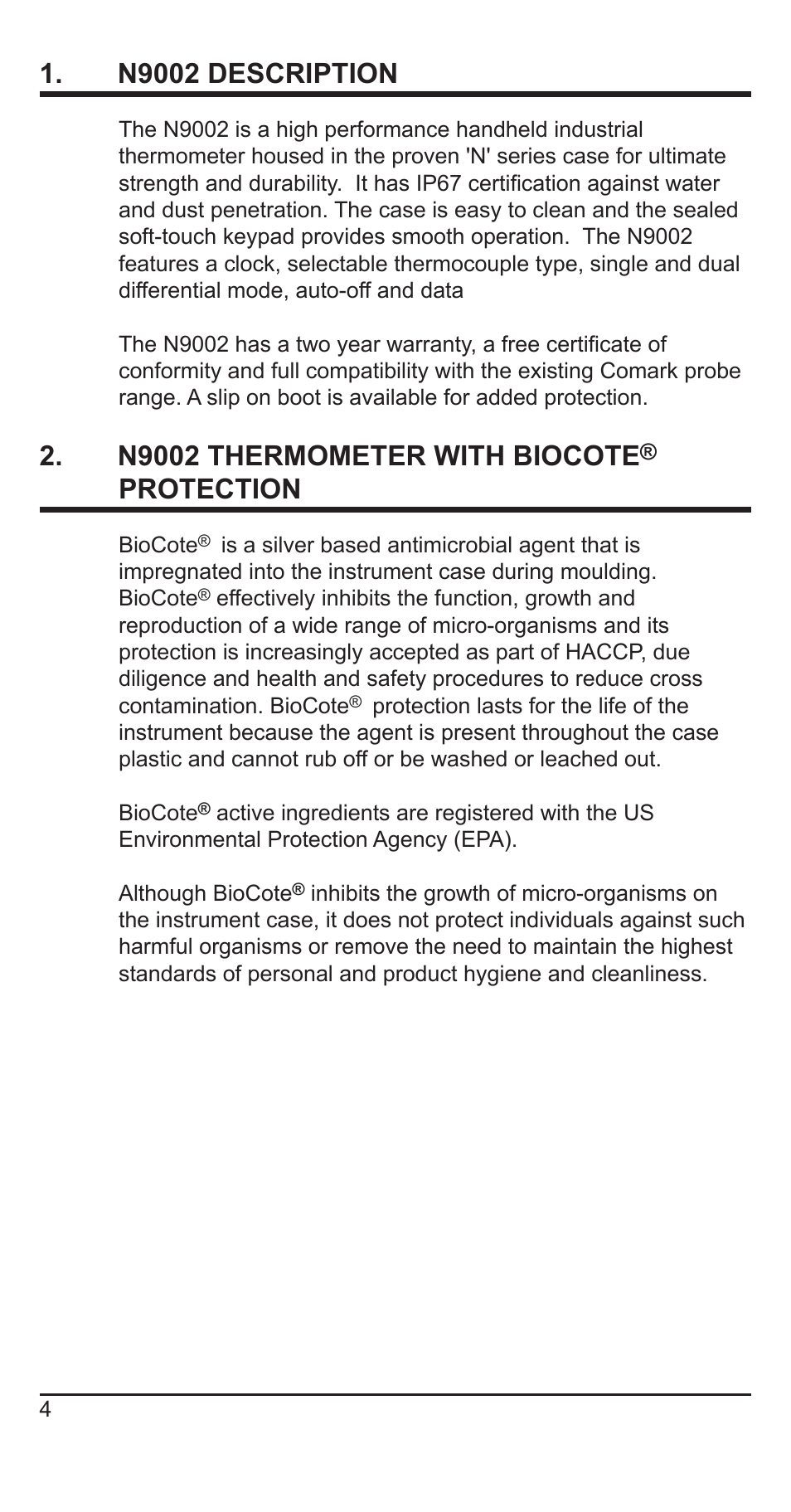 N9002 description, N9002 thermometer with biocote, Protection | Comark N9002 User Manual | Page 5 / 14