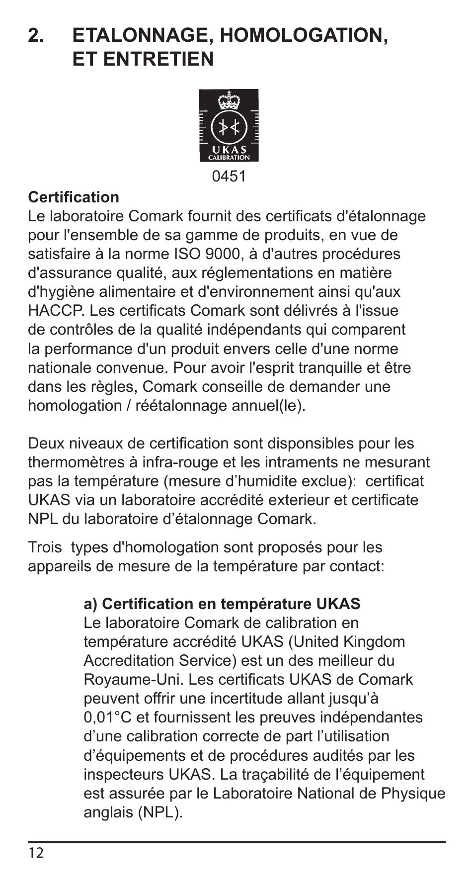 Etalonnage, homologation, et entretien | Comark KM340 User Manual | Page 13 / 42