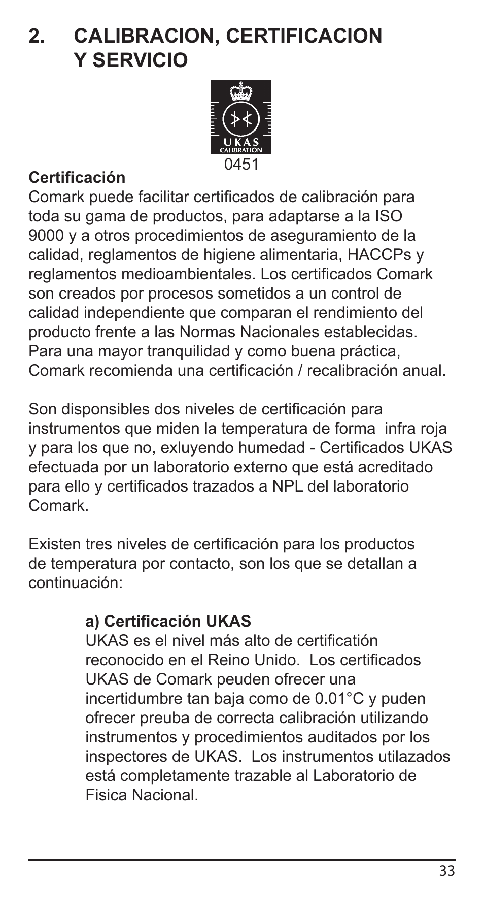 Calibracion, certificacion y servicio | Comark KM340 User Manual | Page 34 / 42