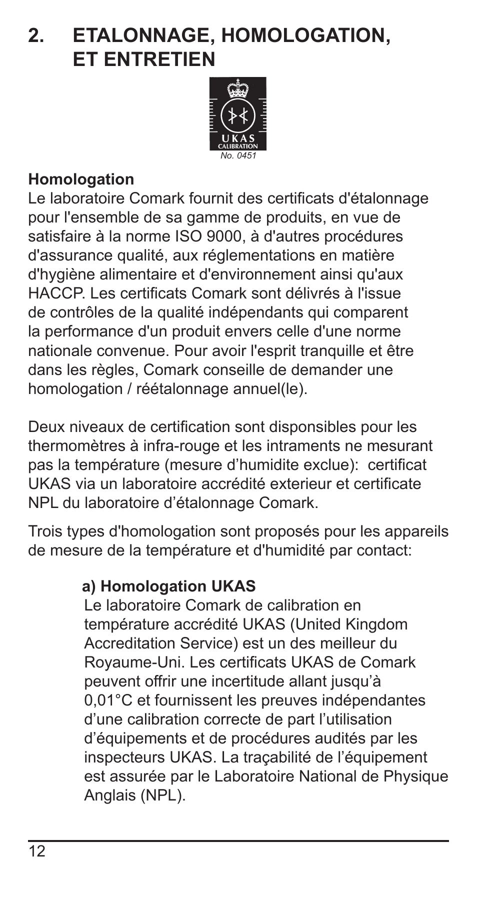 Etalonnage, homologation, et entretien | Comark KM330 User Manual | Page 13 / 42