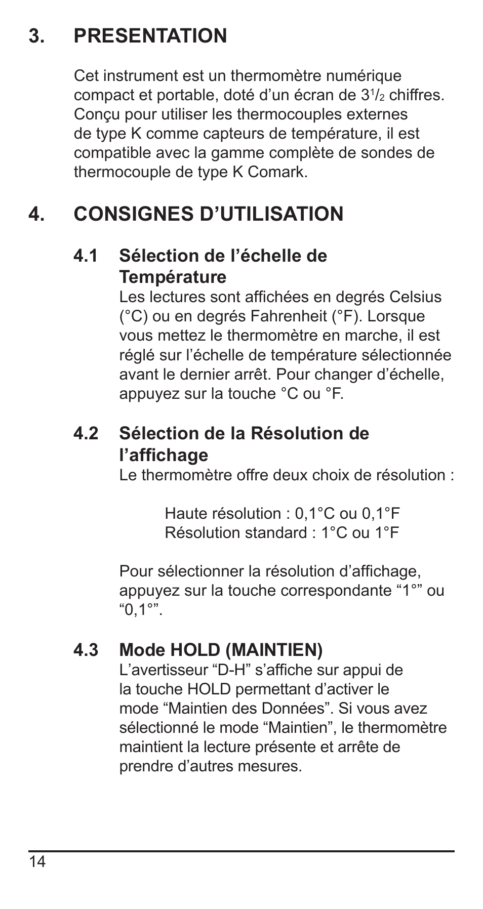 Presentation, Consignes d’utilisation | Comark KM330 User Manual | Page 15 / 42