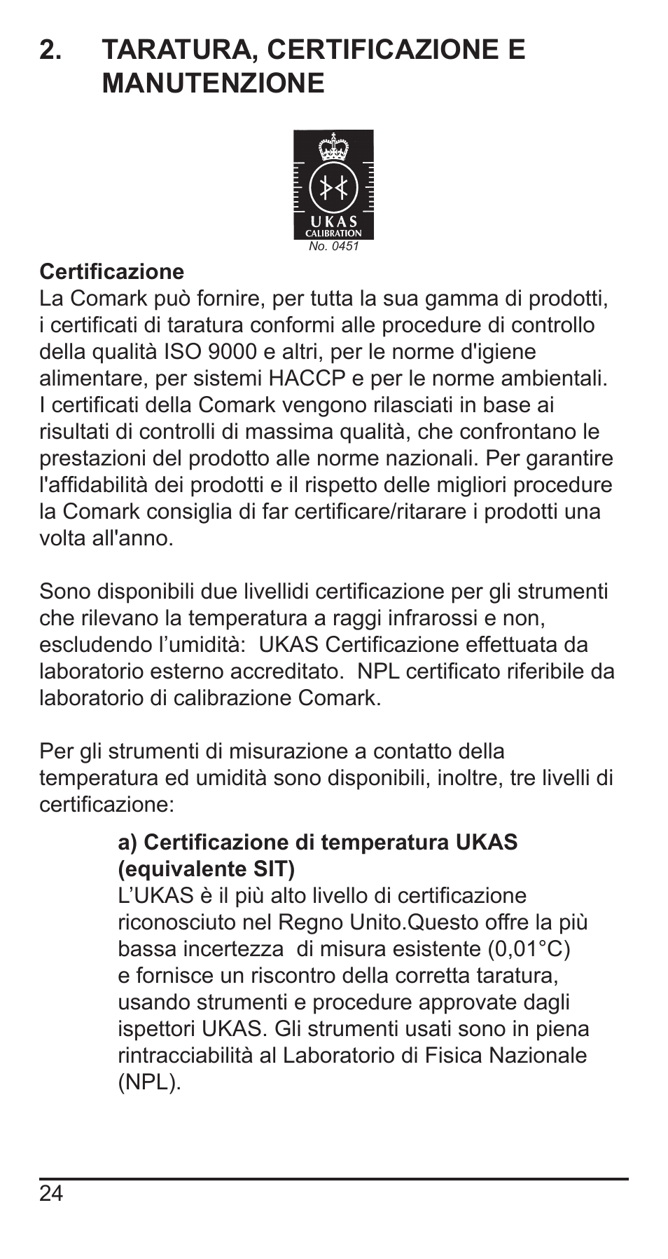 Taratura, certificazione e manutenzione | Comark KM330 User Manual | Page 25 / 42