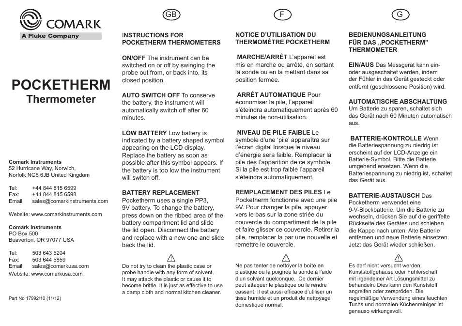 Comark Pocketherm User Manual | 2 pages