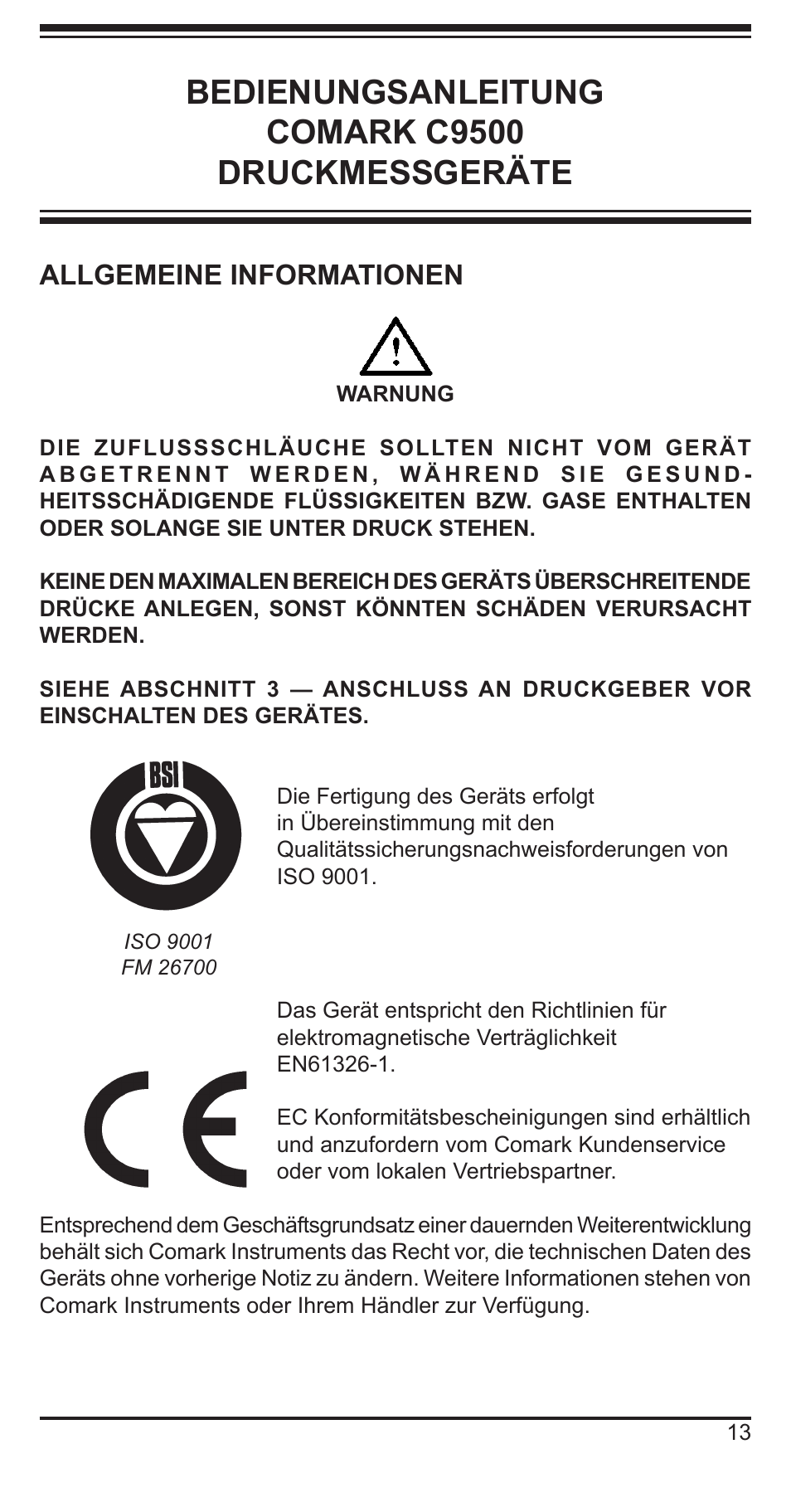 Bedienungsanleitung comark c9500 druckmessgeräte, Allgemeine informationen | Comark C9551 User Manual | Page 14 / 54