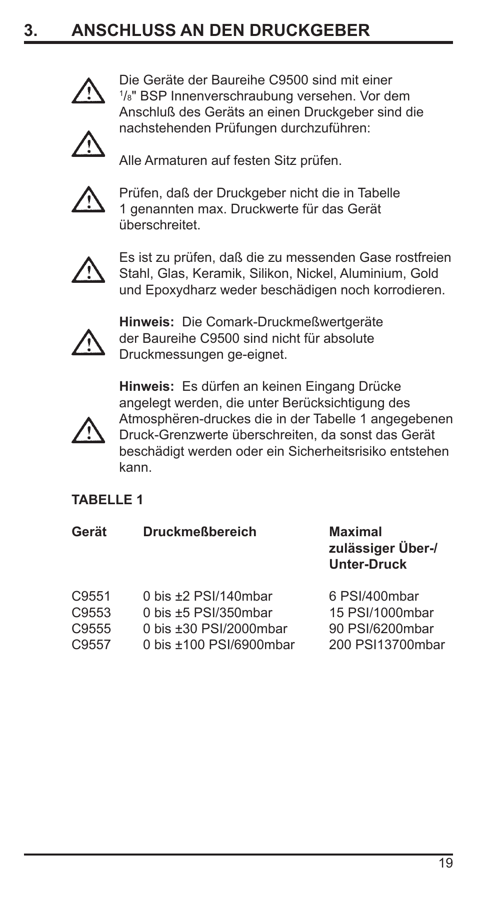 3 . anschluss an den druckgeber | Comark C9551 User Manual | Page 20 / 54