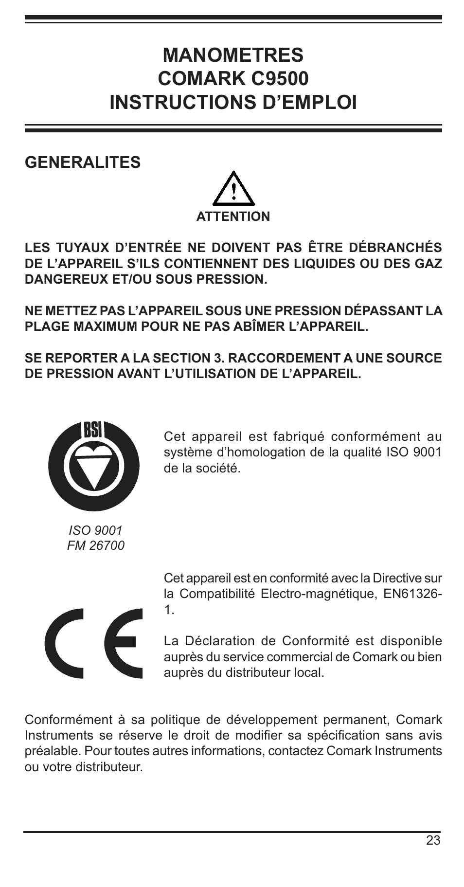Manometres comark c9500 instructions d’emploi, Generalites | Comark C9551 User Manual | Page 24 / 54