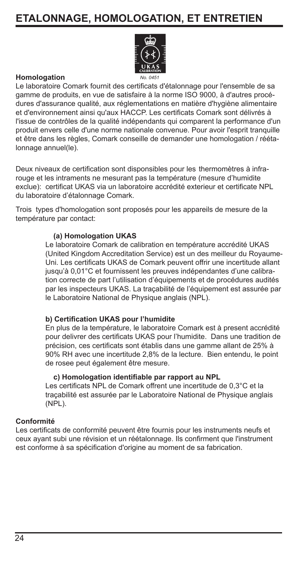 Etalonnage, homologation, et entretien | Comark C9551 User Manual | Page 25 / 54