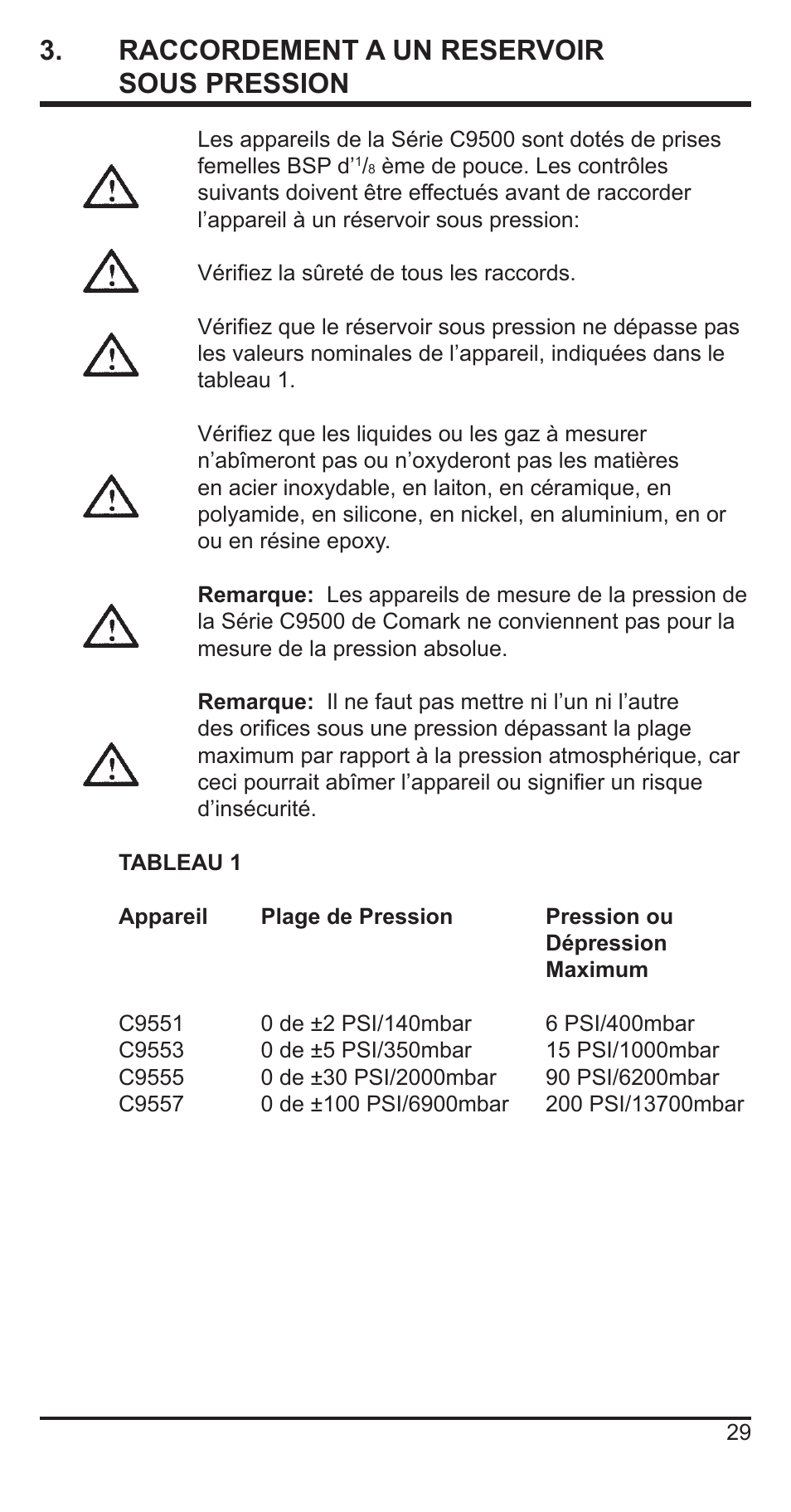 3 . raccordement a un reservoir sous pression | Comark C9551 User Manual | Page 30 / 54