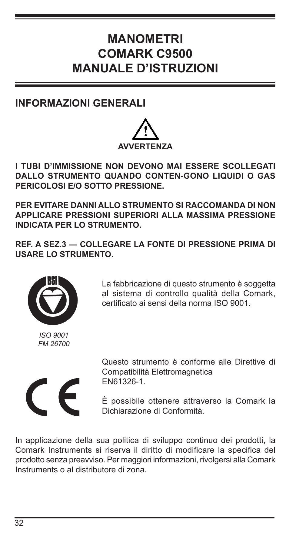 Manometri comark c9500 manuale d’istruzioni, Informazioni generali | Comark C9551 User Manual | Page 33 / 54