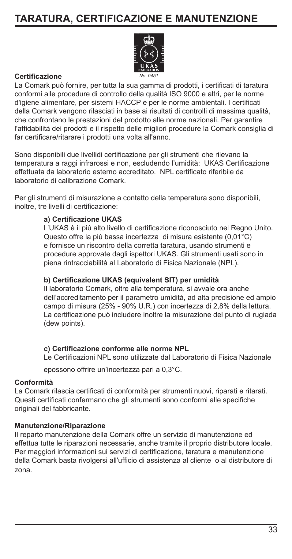 Taratura, certificazione e manutenzione | Comark C9551 User Manual | Page 34 / 54