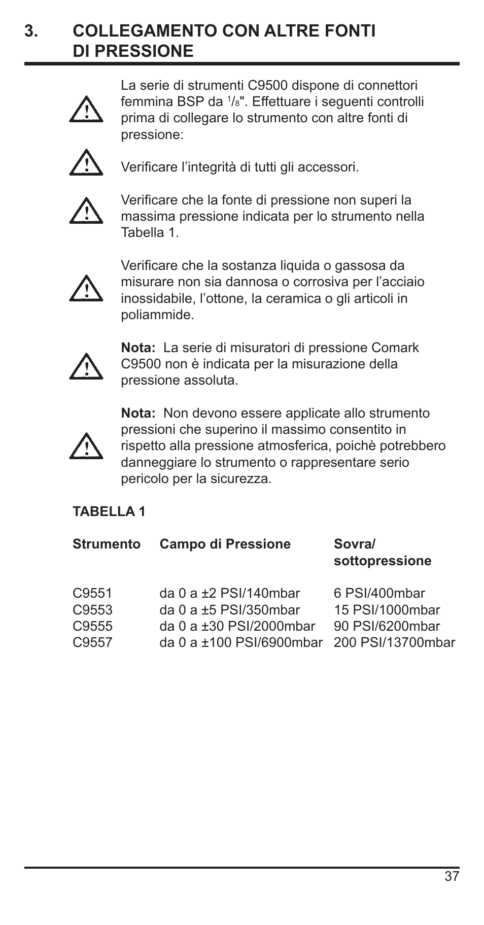3 . collegamento con altre fonti di pressione | Comark C9551 User Manual | Page 38 / 54