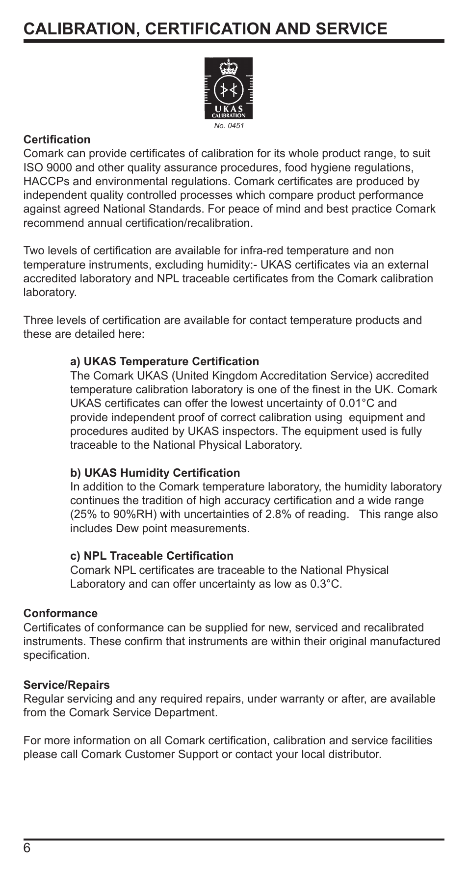 Calibration, certification and service | Comark C9551 User Manual | Page 7 / 54