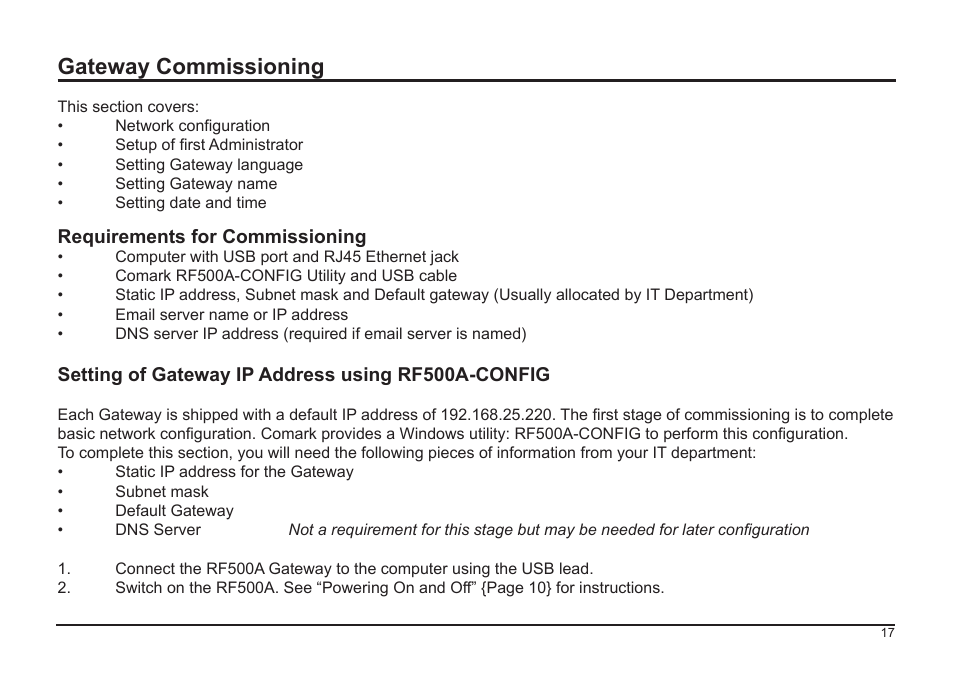 Gateway commissioning | Comark RF500A User Manual | Page 18 / 66