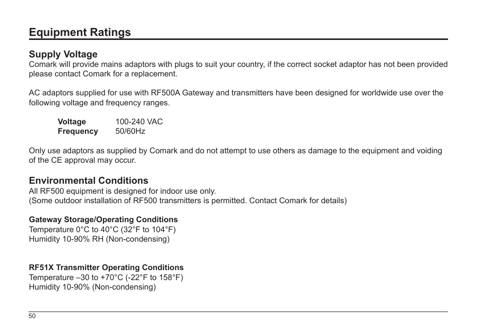Equipment ratings | Comark RF500A User Manual | Page 51 / 66