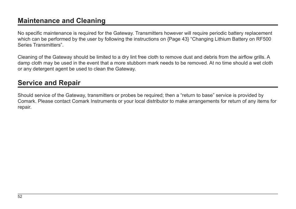 Maintenance and cleaning, Service and repair | Comark RF500A User Manual | Page 53 / 66