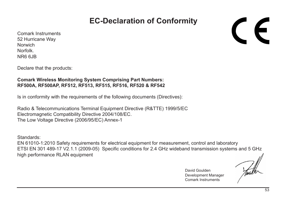 Ec-declaration of conformity | Comark RF500A User Manual | Page 54 / 66