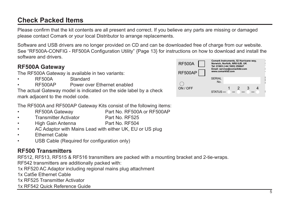 Check packed items, Rf500a gateway, Rf500 transmitters | Comark RF500A User Manual | Page 6 / 66