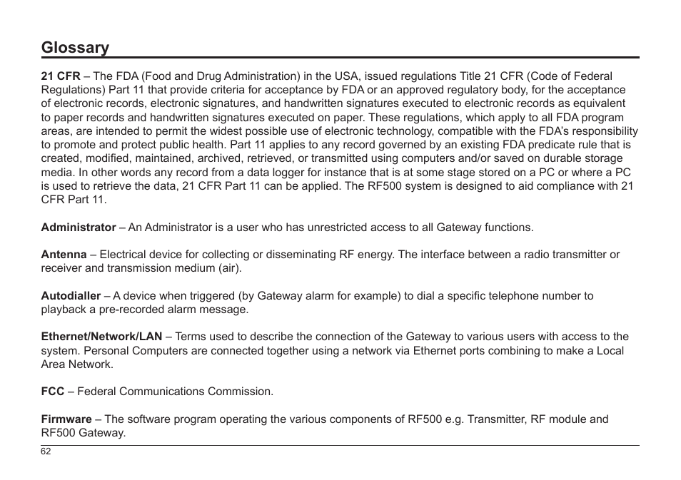 Glossary | Comark RF500A User Manual | Page 63 / 66
