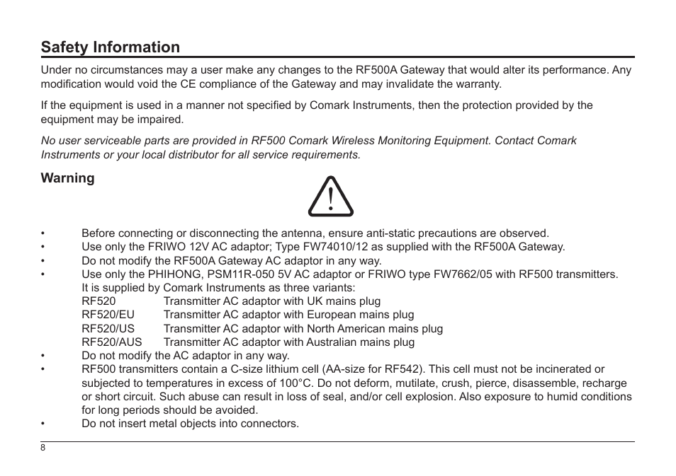 Safety information | Comark RF500A User Manual | Page 9 / 66