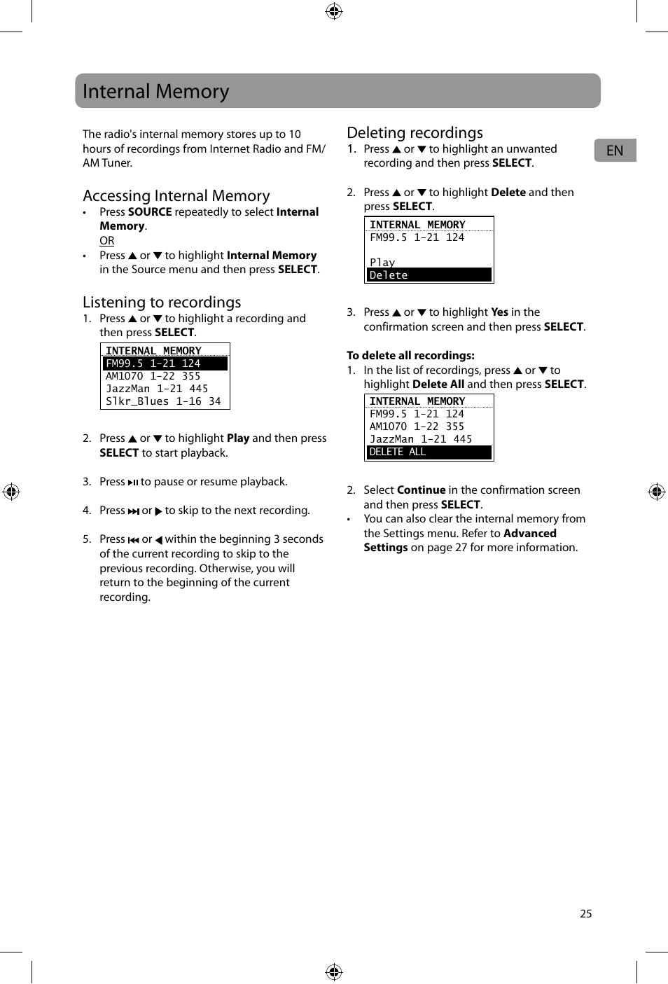 Listening to recordings, Deleting recordings | Acoustic Research ARIR600i User Manual | Page 25 / 66