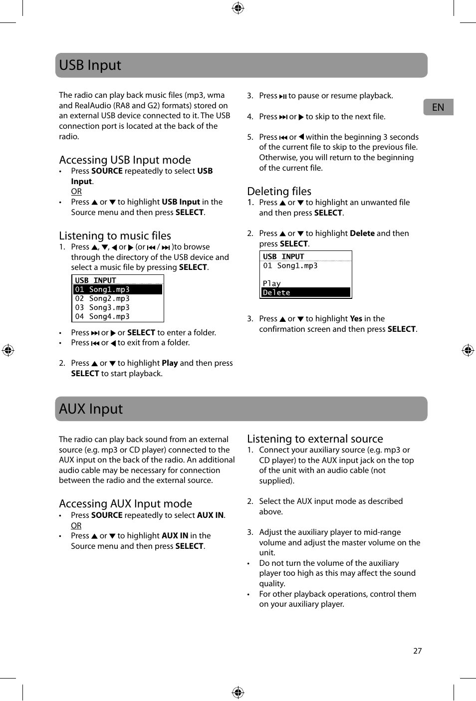 Usb input, Aux input, Accessing usb input mode | Listening to music files, Deleting files, Accessing aux input mode, Listening to external source | Acoustic Research ARIR600i User Manual | Page 27 / 66