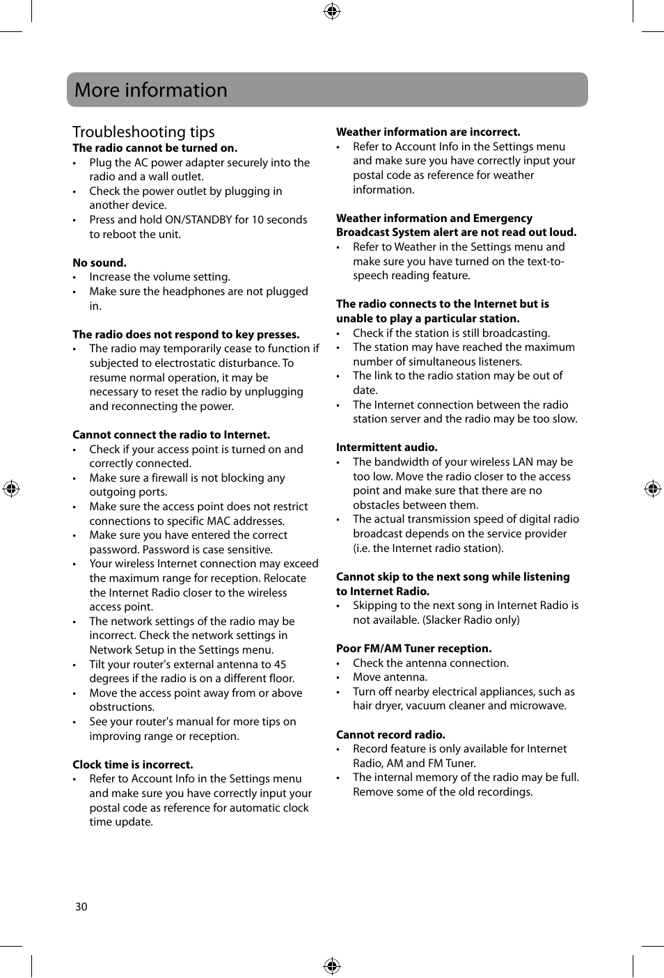 More information, Troubleshooting tips | Acoustic Research ARIR600i User Manual | Page 30 / 66