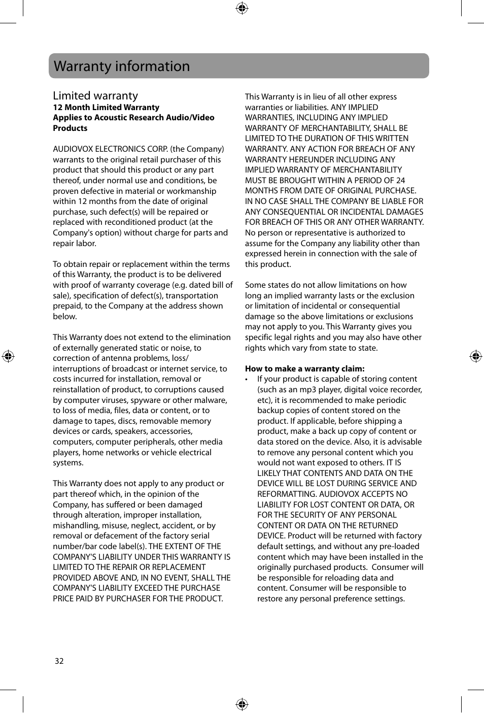 Warranty information, Limited warranty | Acoustic Research ARIR600i User Manual | Page 32 / 66